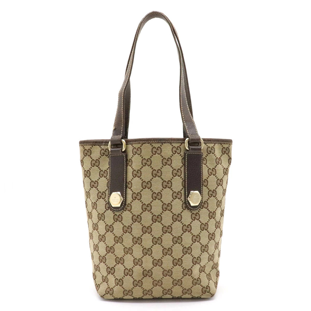 Gucci GG Canvas Tote Bag Shoulder Handbag Leather Beige Brown Cream